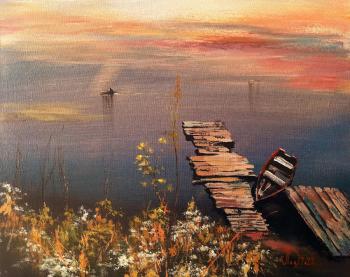 Boat at the pier (Summer Sunset Landscape Painting). Lednev Alexsander