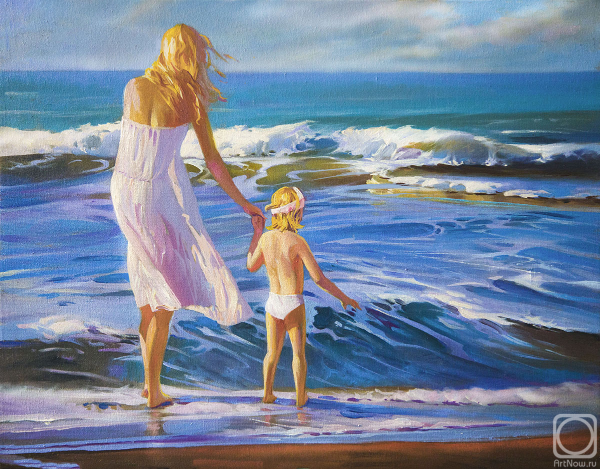 Mescheriakov Pavel. Painting, seascape ,waves, mother and child ,sea breeze
