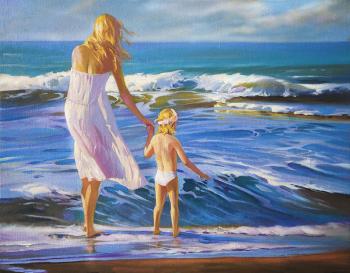 Painting, seascape ,waves, mother and child ,sea breeze. Mescheriakov Pavel