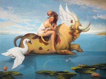 Surrealism ,painting, myths ,bull ,swan, girl ,The Rape of Europe ,seascape (Painting In The L). Mescheriakov Pavel