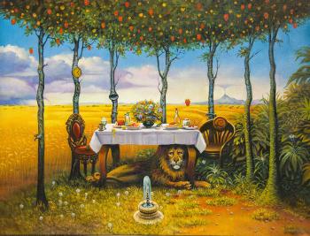 Autumn, field ,table with food ,lion ,surrealism,painting. Mescheriakov Pavel