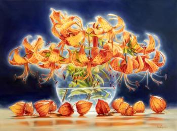 Sunny still life with lilies and physalis