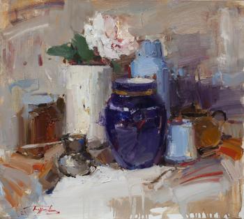 Still life with utensils and rose (Pot Flowers). Burtsev Evgeny