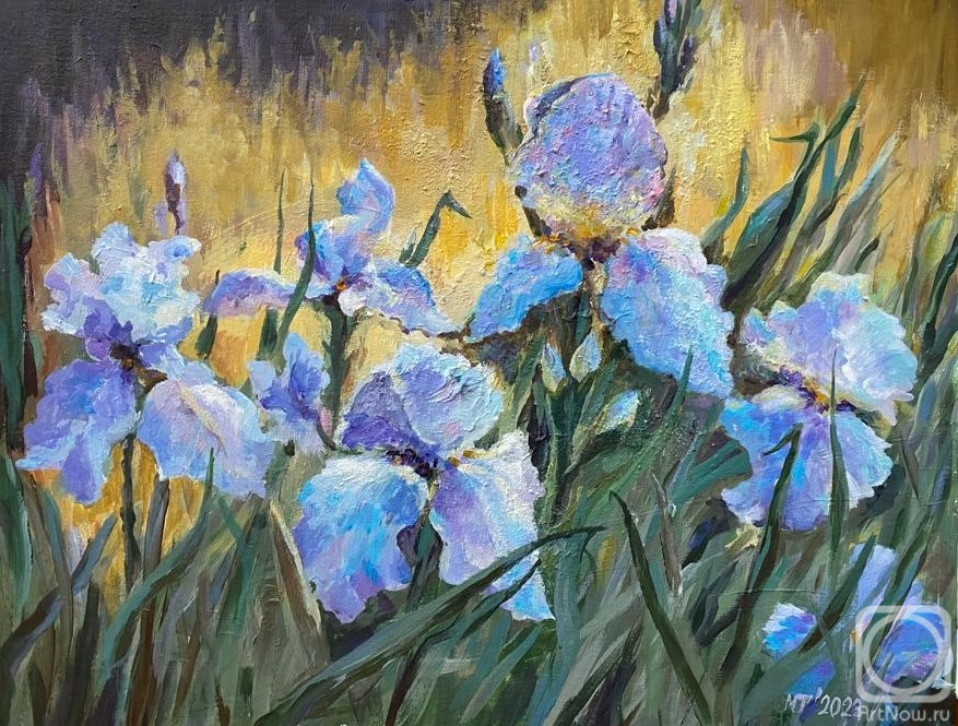 Tikhomirova Marina. Blue irises in a meadow, loose copy from a painting by an unknown artist