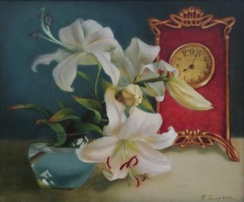 Still life lily with clock (Painting With Clock). Gesler Tatyana