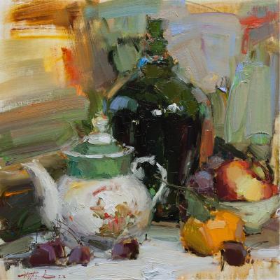 Still life with green dishes and fruits (Green Still Life). Burtsev Evgeny