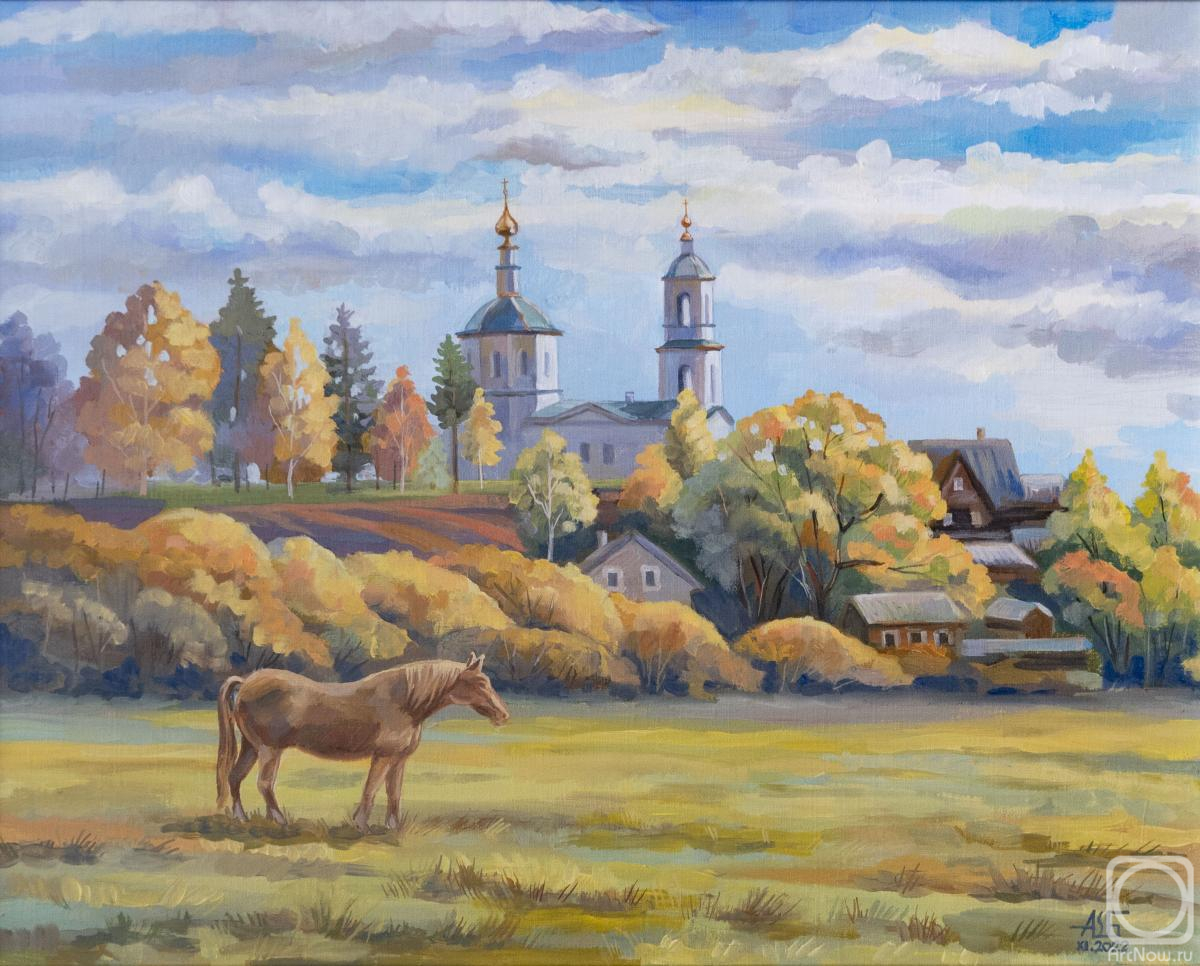 Shatalov Andrey. View of the temple of Borovsk with a horse