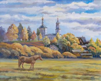 View of the temple of Borovsk with a horse. Shatalov Andrey