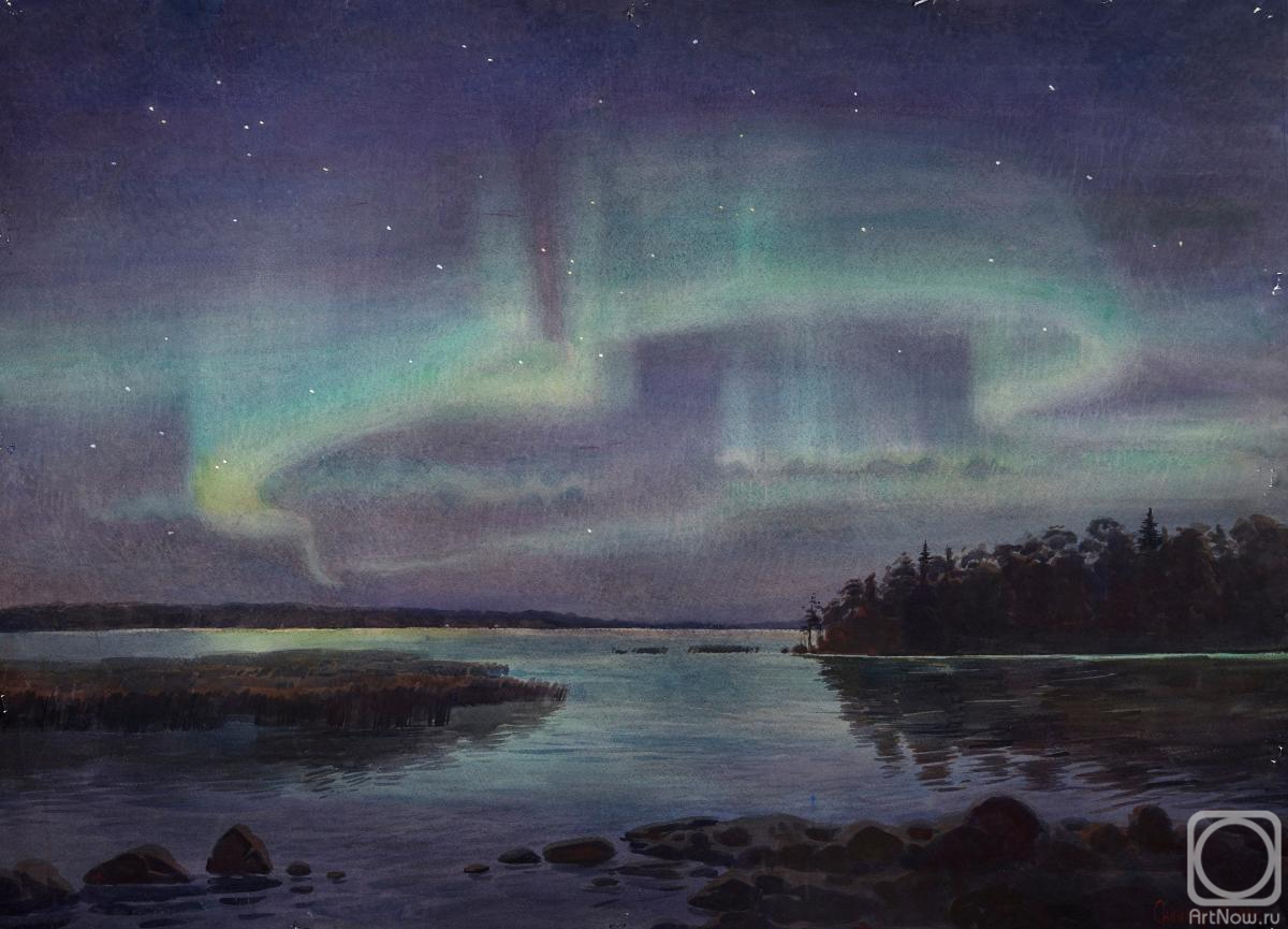 Salivan Varvara. Polar lights, North, landscape, watercolor, painting
