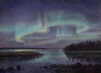 Polar lights, North, landscape, watercolor, painting. Salivan Varvara