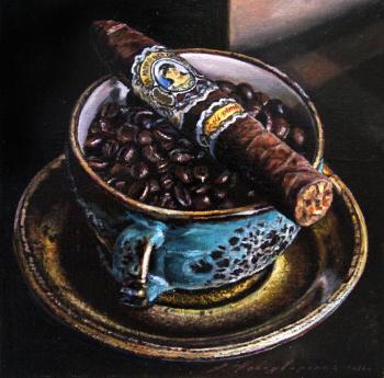"Cup with coffee beans and cigar"