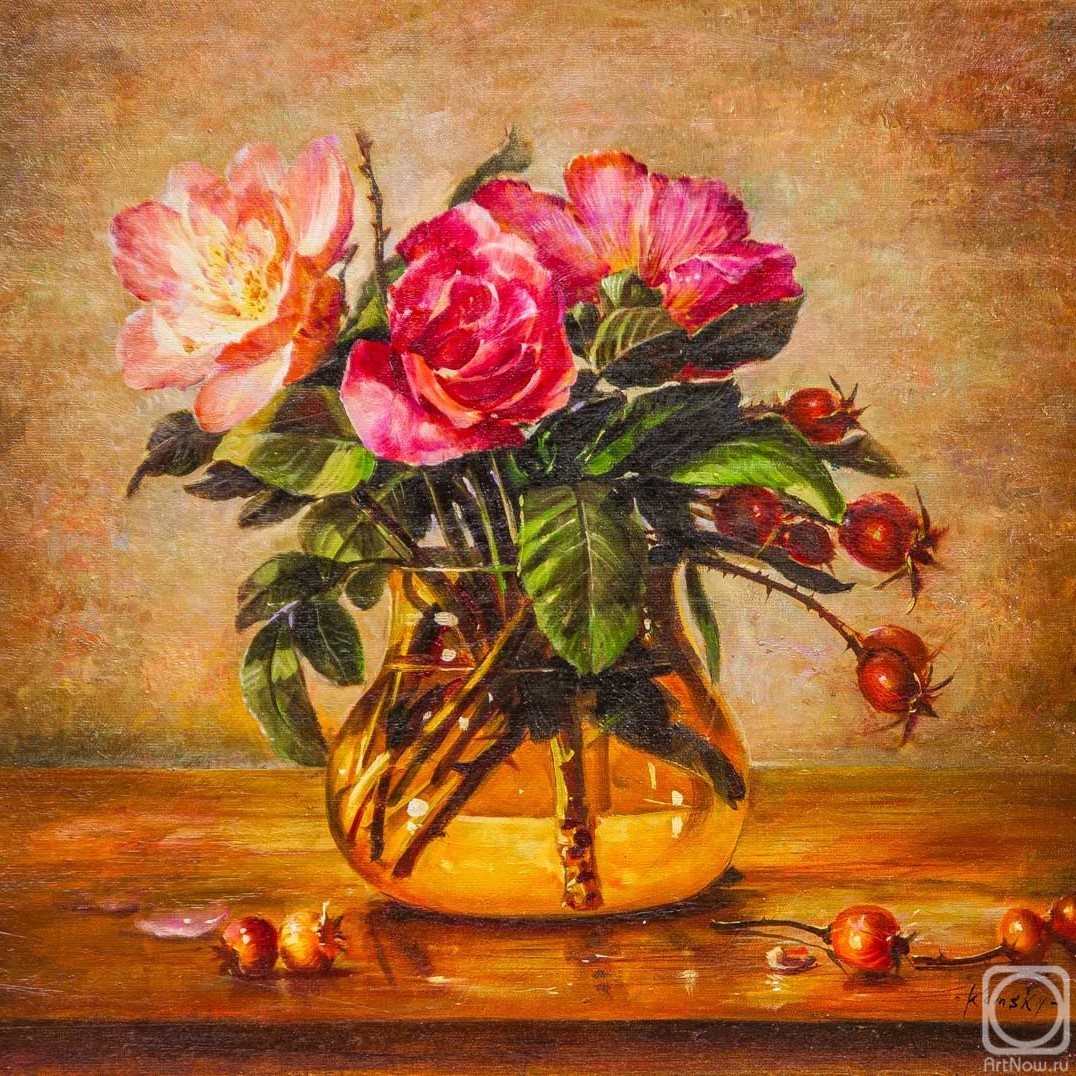 Kamskij Savelij. Still life with rose hips in a vase