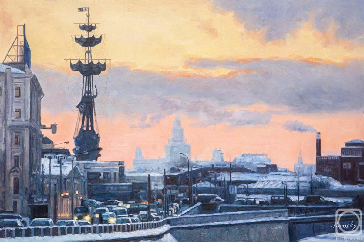 Kamskij Savelij. Winter sunset in Moscow. View of the monument to Peter I"
