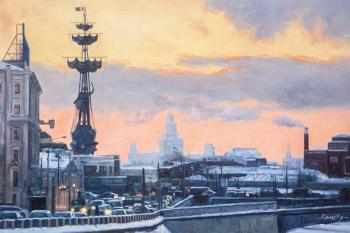 Winter sunset in Moscow. View of the monument to Peter I"
