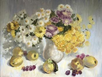 Chrysanthemums and fruits. Still life, flowers, chrysanthemums, grapes, quince, fruits. Morina Galina