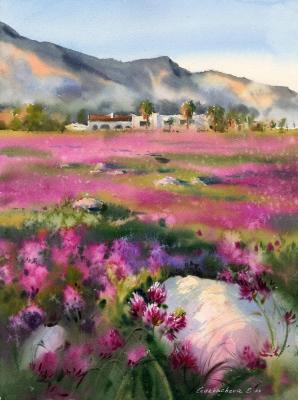 The field of clover in the rays of dawn Cyprus #2 (The Flowers In Watercolor). Gorbacheva Evgeniya