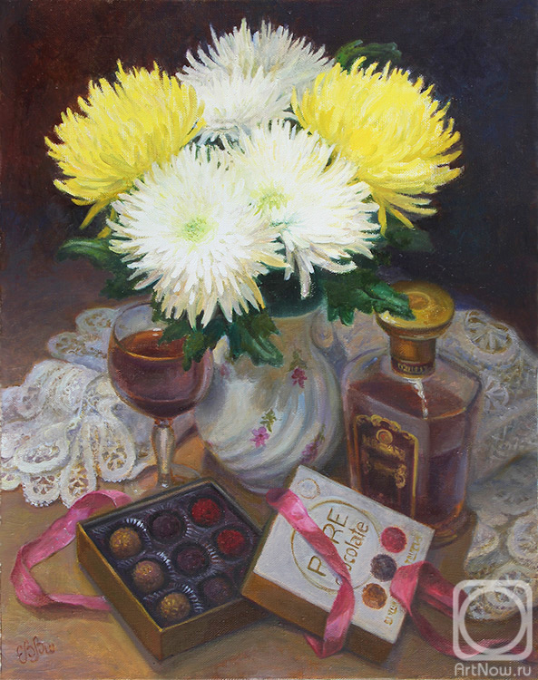 Shumakova Elena. Bouquet of chrysanthemums and sweets
