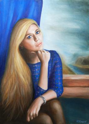 Maria in the background of a mountain landscape