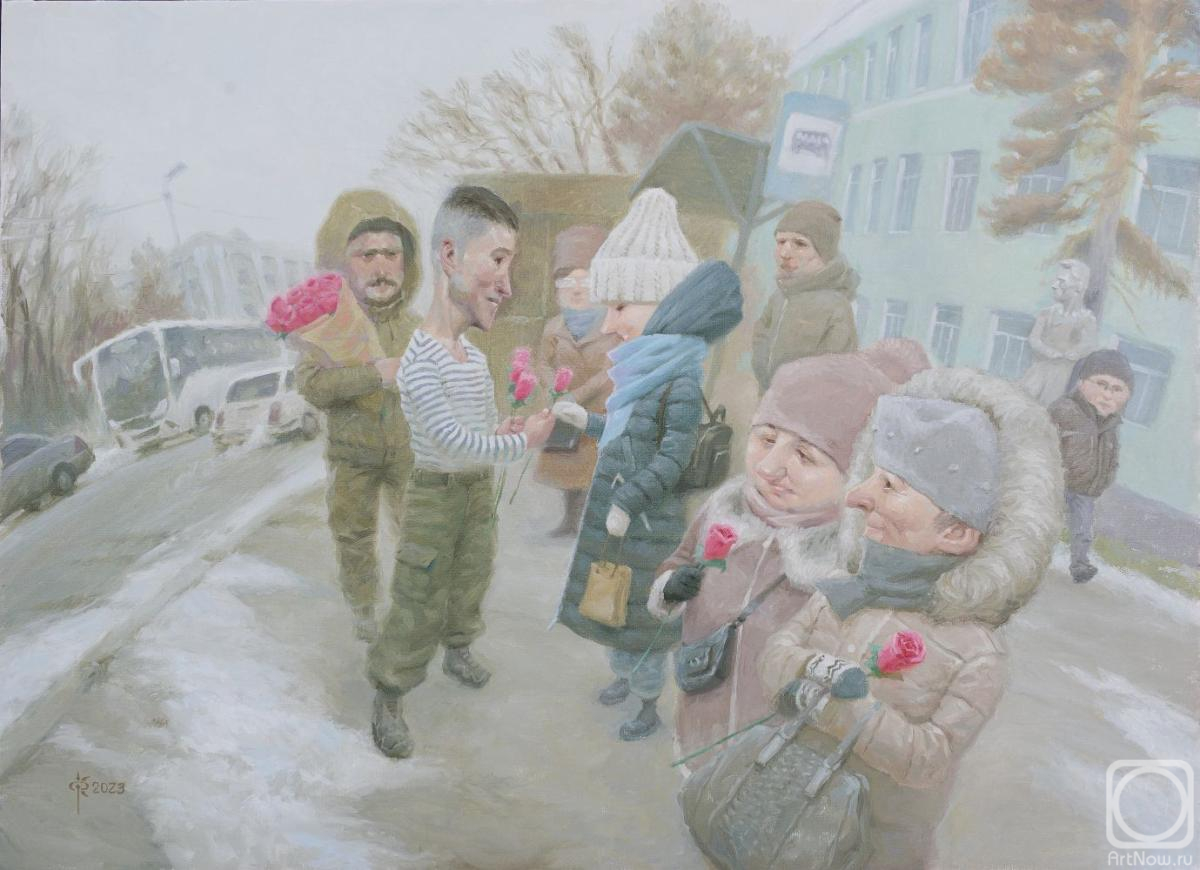 Fedoseev Konstantin. On Sunday, in November, a boy in a vest handed out flowers to the ladies