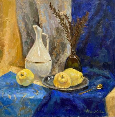 Still life with quince on dark blue