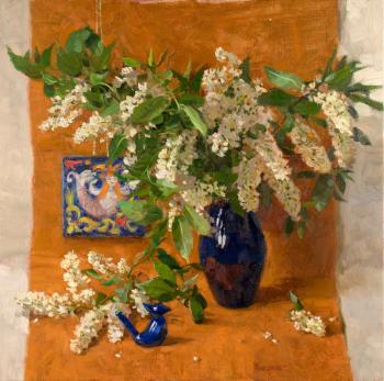 Bird cherry in a blue vase (A La Prima). Pleshkov Aleksey