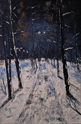 Winter alley lit by lanterns. Lebedev Vladimir
