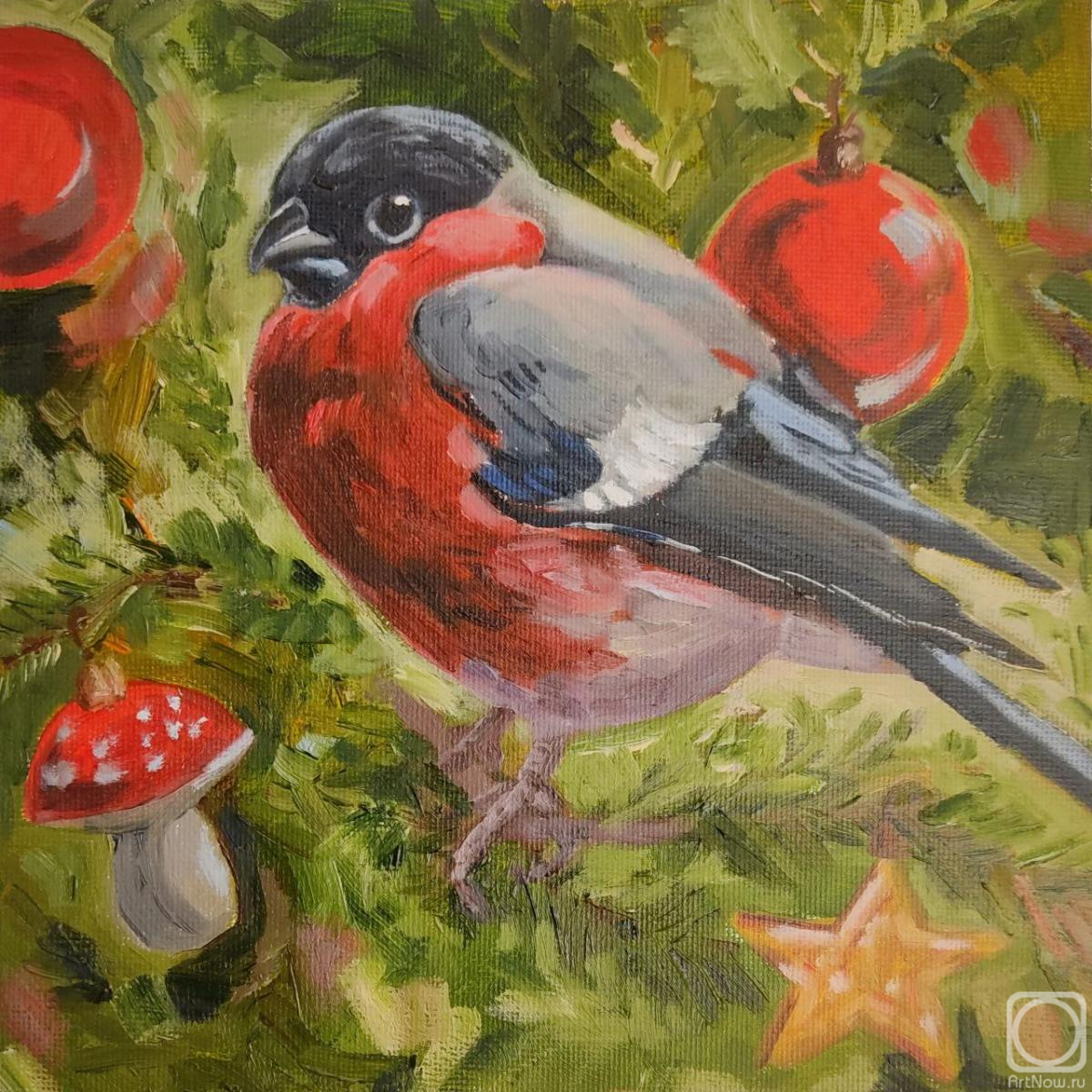 Lapina Albina. Bullfinch on a Christmas tree