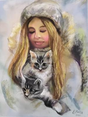 Girl with kittens. Ripa Elena