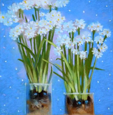White flowers on a blue background. Sergeeva Aleksandra