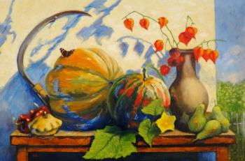 Still life with pumpkins and physalis