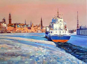 Frosty morning on the Elbe (Ship Pier). Schernego Roman