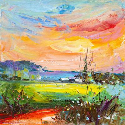 Sunset over a field and village (Summer Sunset Landscape Painting). Rodries Jose