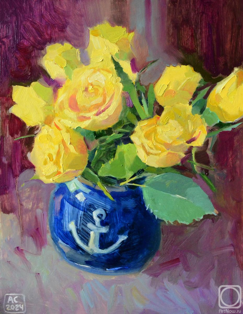 Sergeeva Aleksandra. Yellow tulips in a blue vase on a purple background