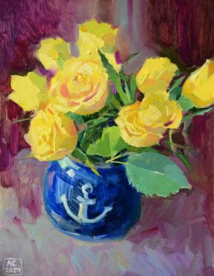 Yellow tulips in a blue vase on a purple background. Sergeeva Aleksandra