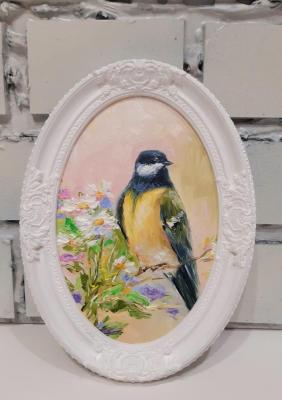 Titmouse and bouquet with daisies (Painting With Birds). Prokofeva Irina