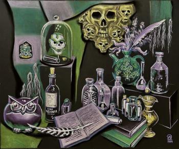 Still life with skulls and an owl