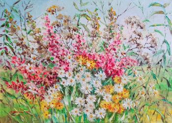 Daisies and pink delphiniums (). Kruglova Svetlana