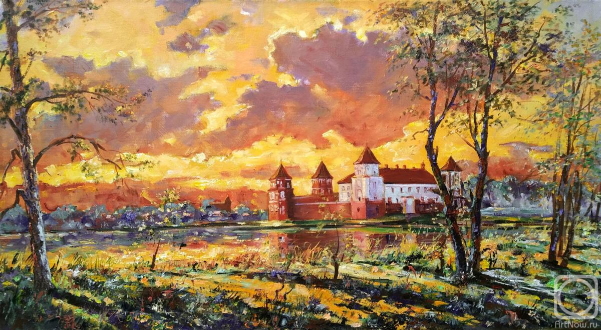 Fedosenko Roman. Sunset over Mir Castle, Belarusian landscape in oil