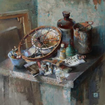 Still life with a rusty wheel (Enamel). Smorygina Anna