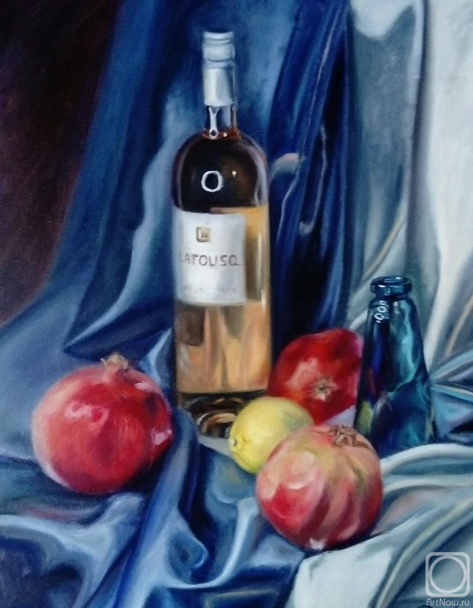 Chernousova Darya. The still life painting with the pomgranates and the bottle of wine