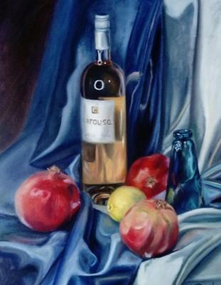 The still life painting with the pomgranates and the bottle of wine. Chernousova Darya