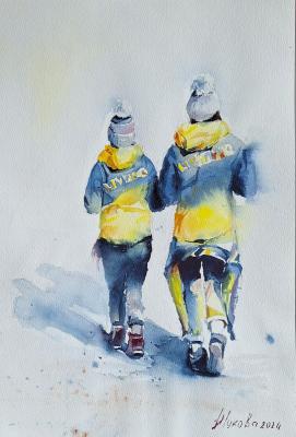 Alpine skiers. After a workout (Yellow And Gray). Zhukova Marina