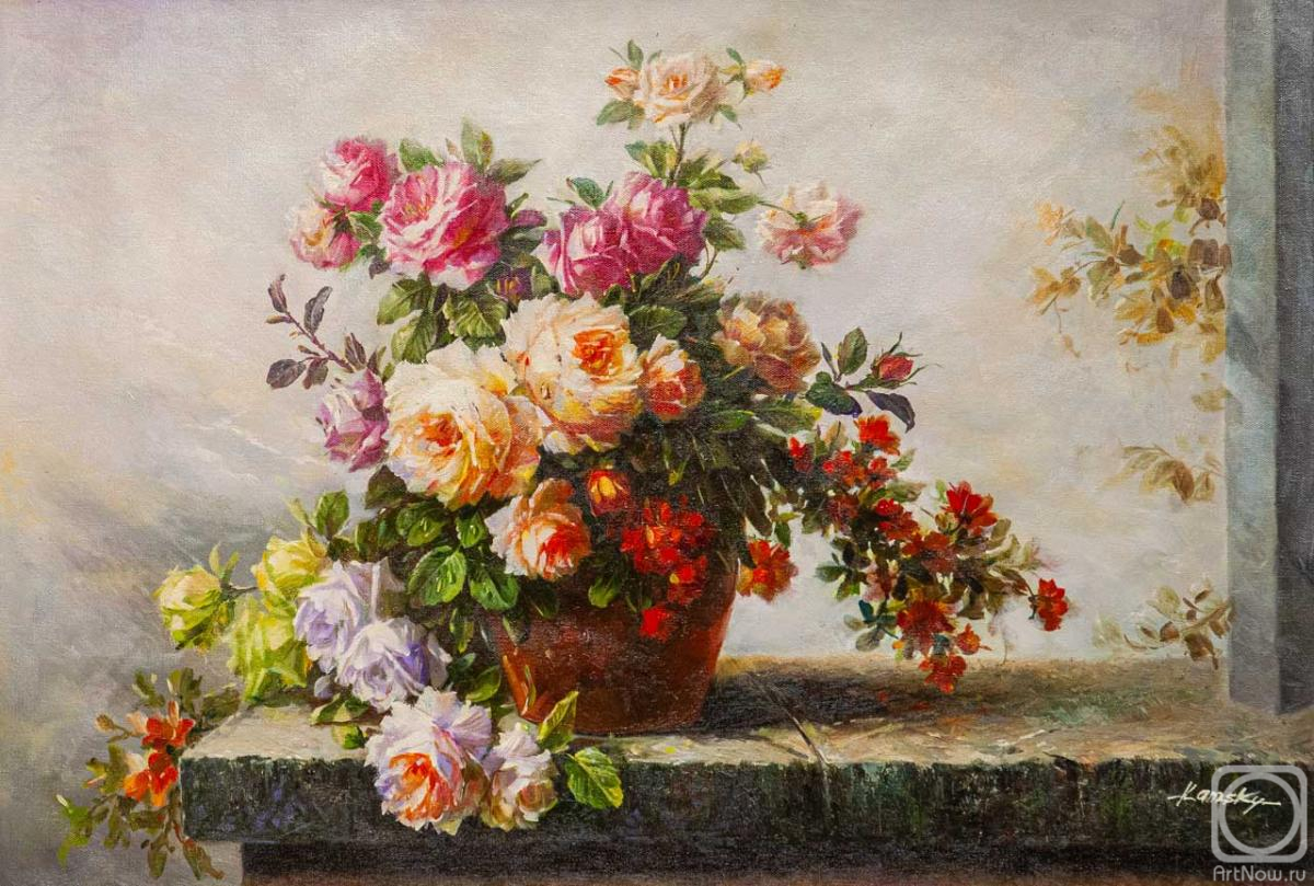 Kamskij Savelij. Bouquet of roses with quince branch