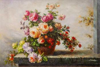 Bouquet of roses with quince branch. Kamskij Savelij