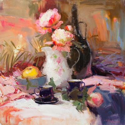 Still life in pink (Fruit In A Vase). Burtsev Evgeny