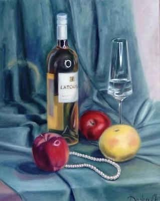 The still life painting with the grapefruit and the apples. Chernousova Darya