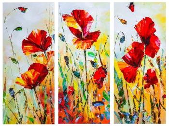 Poppy field. Triptych (A Painting Of Poppies). Rodries Jose