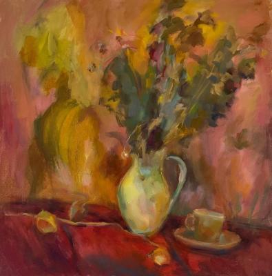 Still life with flowers, decanter and cup. Kiryushkina Natalya