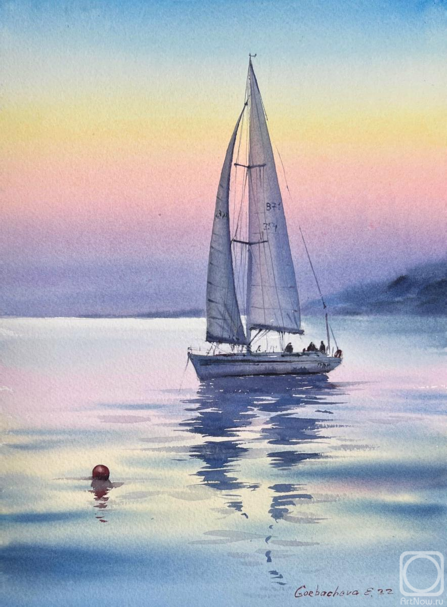 Gorbacheva Evgeniya. Yacht in the sea at sunset #8