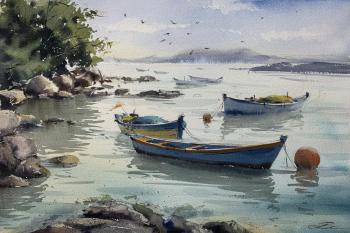 Bay with boats, Brazil (Watercolor Painting Landscape). Gomzina Galina